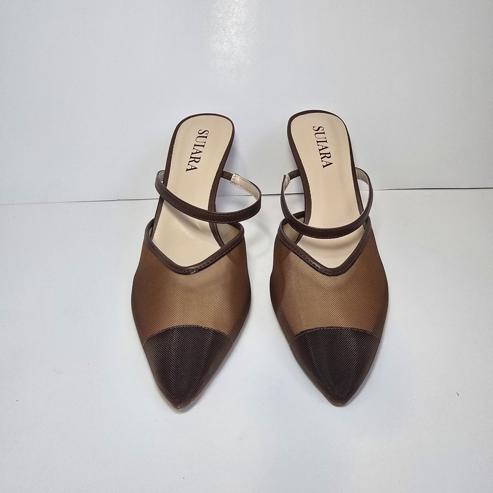 SUIARA Womens 9 Brown Mesh Pointed Toe Mule Heels Strappy 3.5" Y2K Pumps